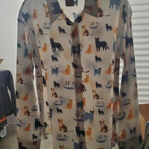 Cat Print Button-Up Blouse